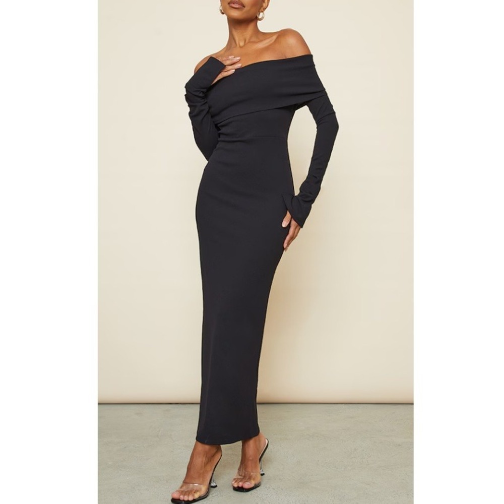 PrettyLittleThing Women's‎ Black Fold Detail Ruched Sleeve Maxi Dress Size 0 NWT